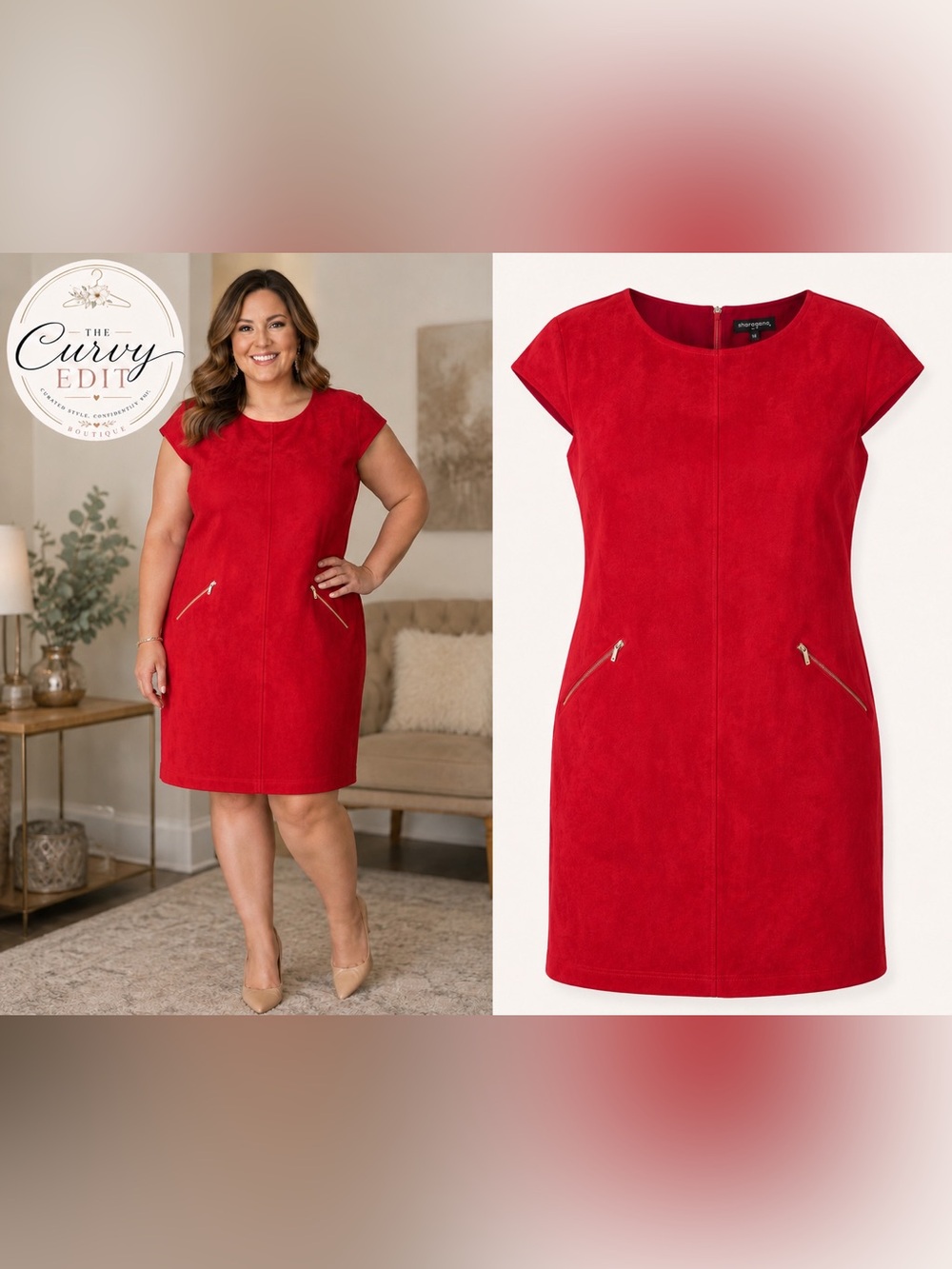 Sharagano Red Micro Corduroy Sheath Dress Size 18 Zip Pocket Career Holiday Chic